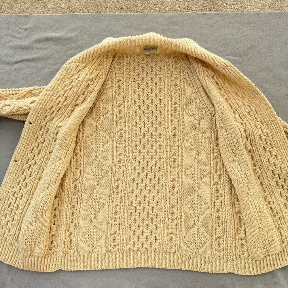 Vintage Irish Wool Sweater Hand Knit Cardigan Collar Ivory Chunky Fisherman READ - Picture 9 of 16